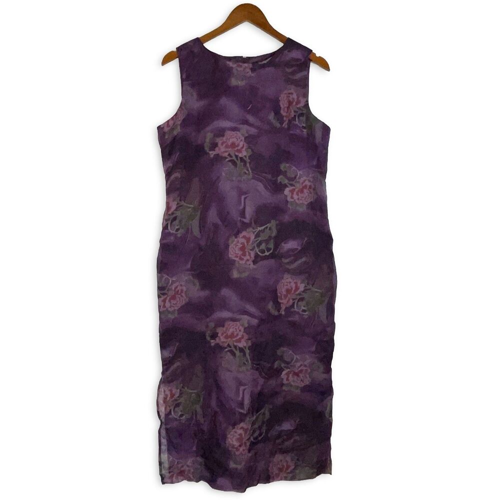 Vintage Koret Dress Size 10 Purple Floral Sheer Overlay Midi Column 90s